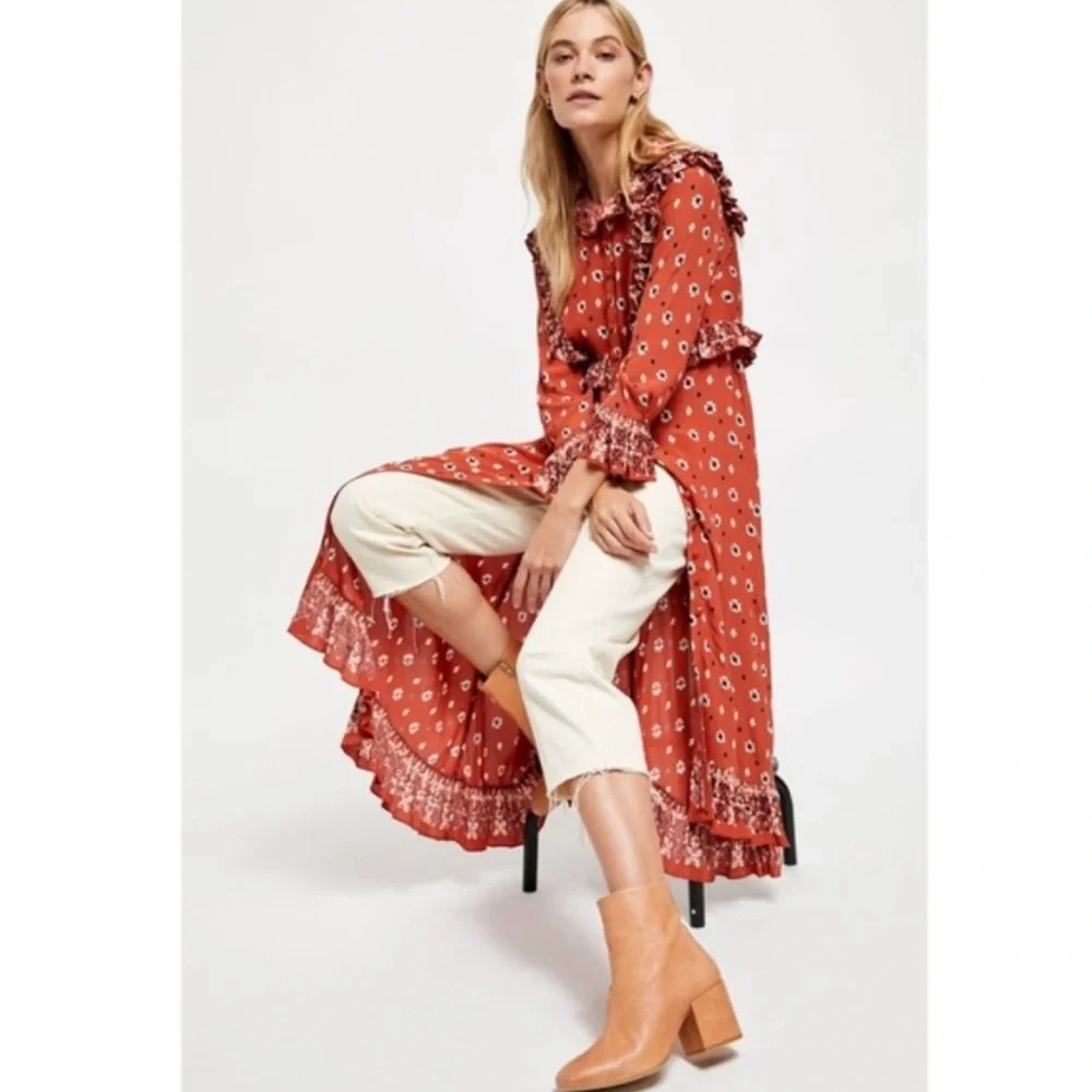 Free People Calico Skies Rust Floral Boho Longline Duster XS